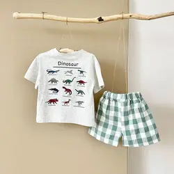 2024 Summer Infant Cotton Short Sleeves+Shorts Children Dinosaur Set Printed Boys Girls Casual Check Newborn Clothing