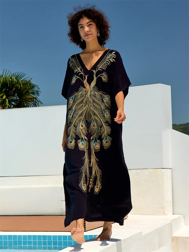 Chic Gold Phoenix Plume Embroidered Dress Plus Size Black Kaftan 2024 Summer Vacation Women Lounge Wear Swimsuit Cover Up Q1689