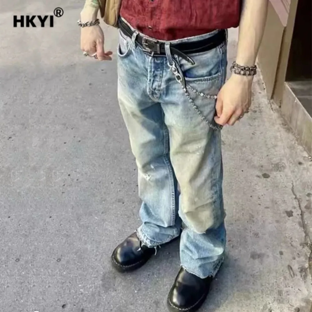 

HKYI retro washed distressed straight leg jeans for men vintage denim pants