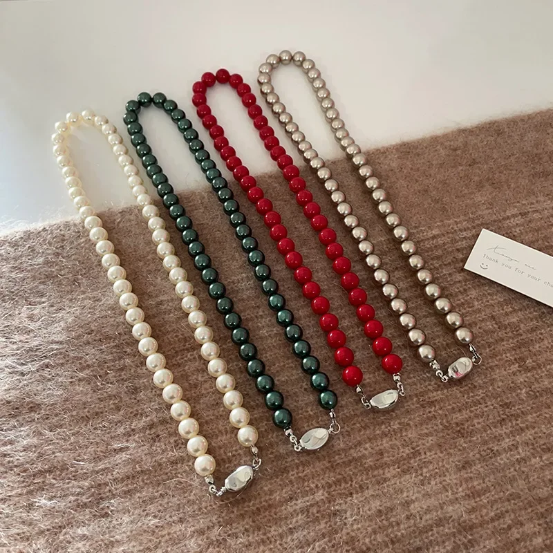 

Temperament White Grey Green Red Champagne Color Imitation Pearl Beaded Necklaces for Women Beads Sweater Chain Pendientes