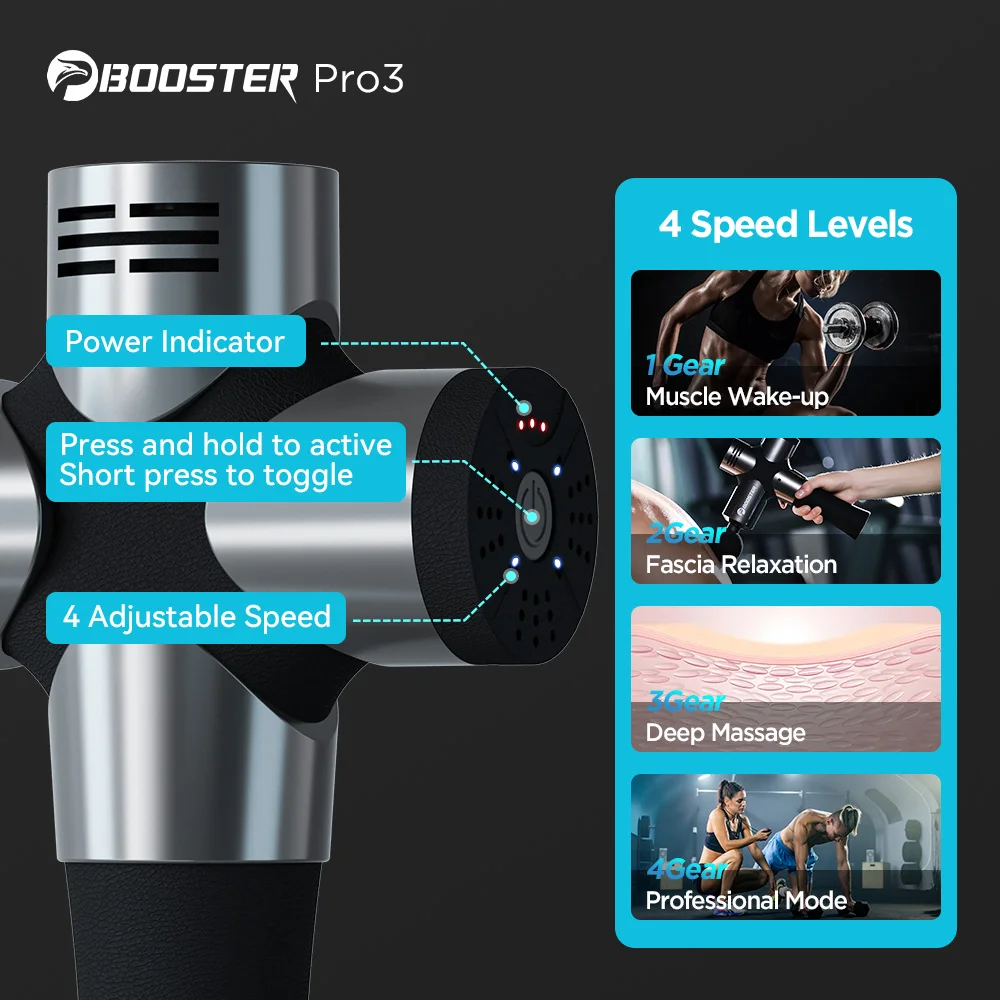 BOOSTER Pro 3 딥 티슈 마사지 건, 근육 자극기, 바디 마사지기, 근막 건, 저소음 완화, 피트니스 쉐이핑