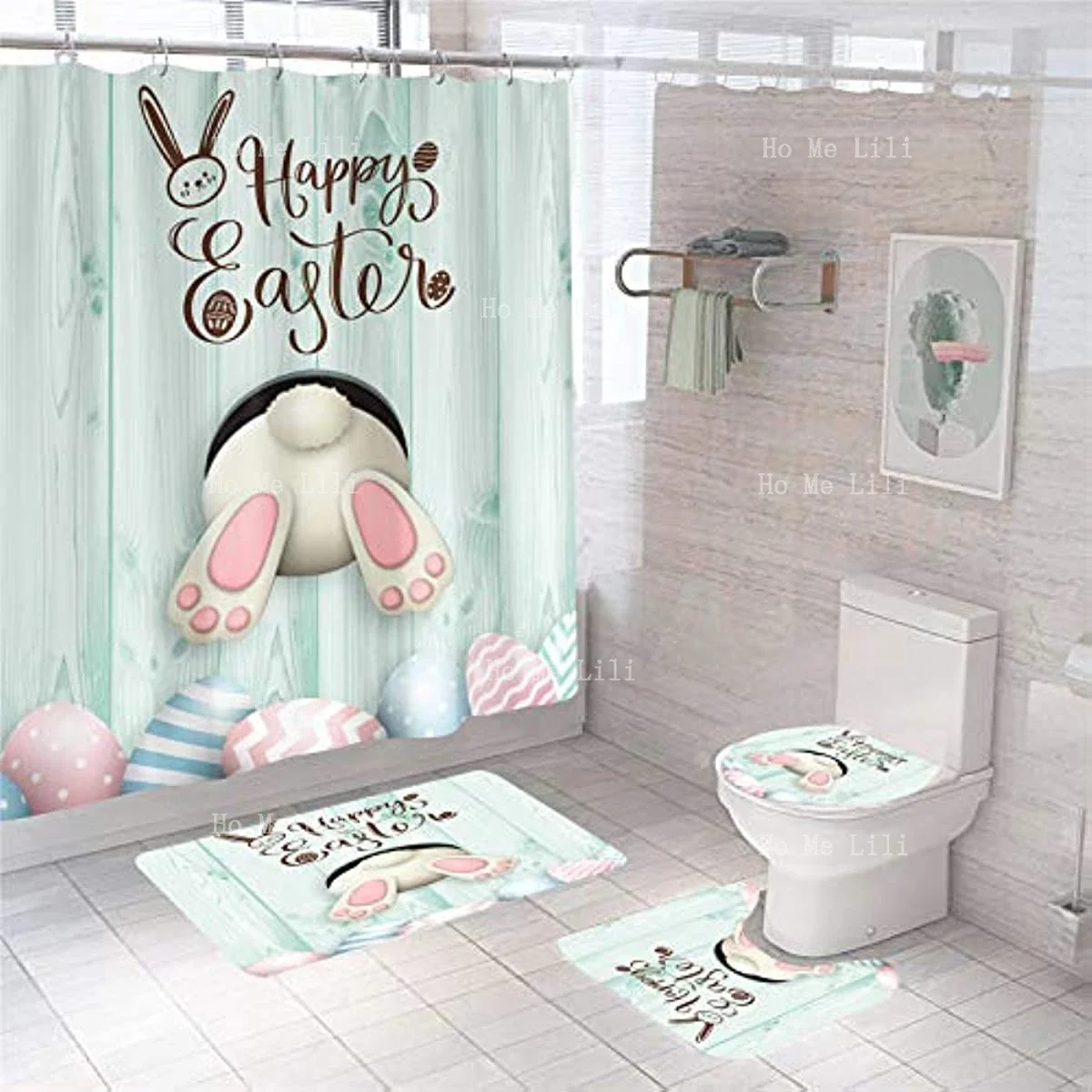 4 Pcs Shower Curtain Set With Non-Slip Rug, Toilet Lid Cover And Bath Mat,Funny Rabbit Easter And Blue Eggs With 12 Hooks