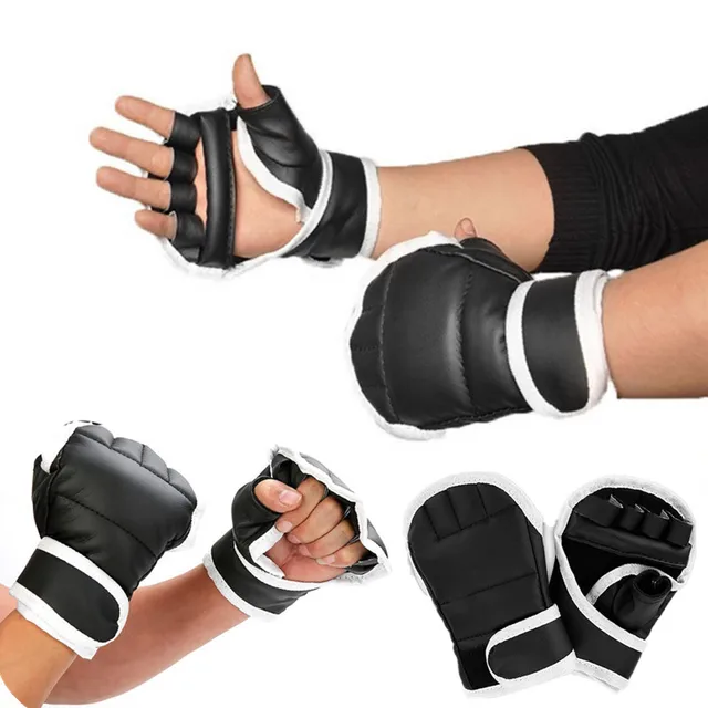 1Para czarnych rękawic bokserskich z półpalcami PU Leather Fighting Kick Boxing Gloves Karate Muay Thai Training Workout Gloves Kids Men