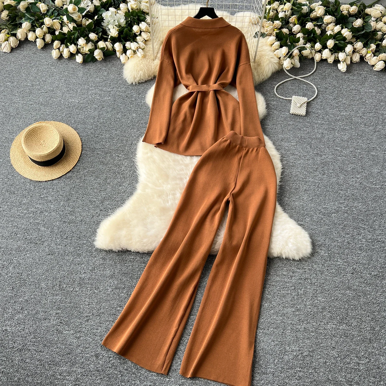 Chic Women Two-Piece Sets Turn-down Collar Single Breasted Slim Bandage Top and High Waist Wide Leg Pants Korean Casual Clothing