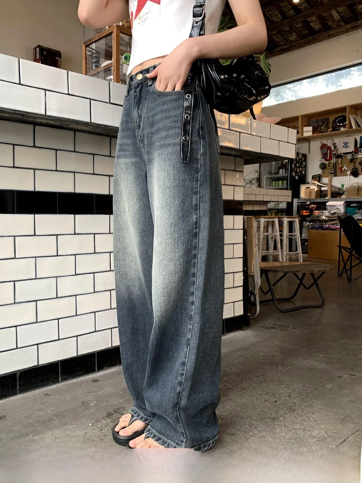 

High Waist Loose Straight Leg Jeans Grey Black Color Cannon Women's Premium Denim Pants Spring Season Ladies Fashion