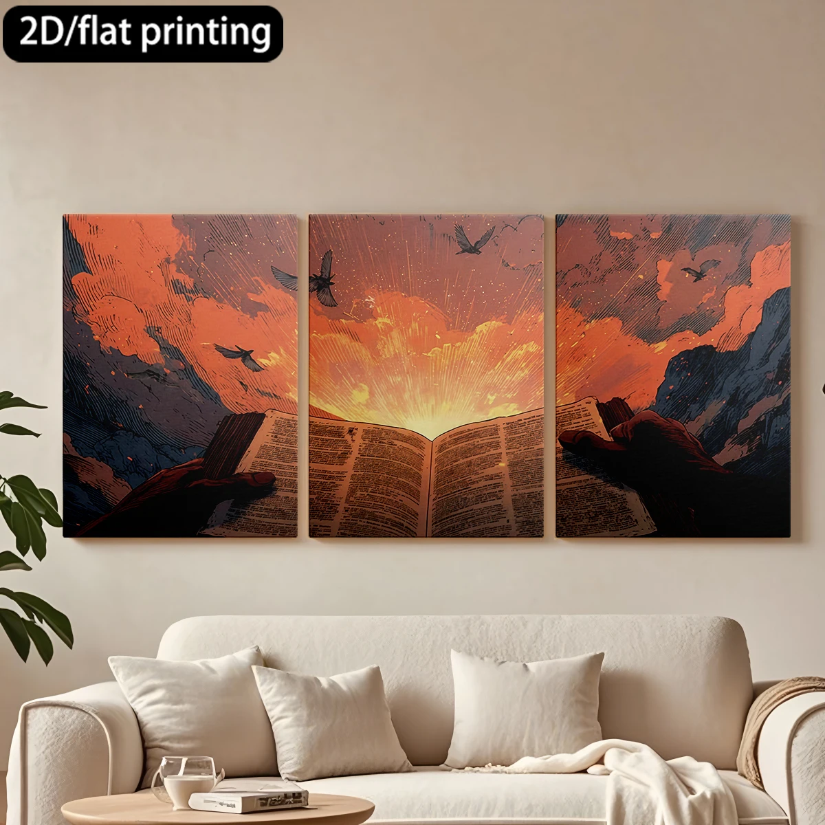 

Декоративная картина на холсте с тремя панелями: Руки, раскрытая книга, огненное небо, птицы.
