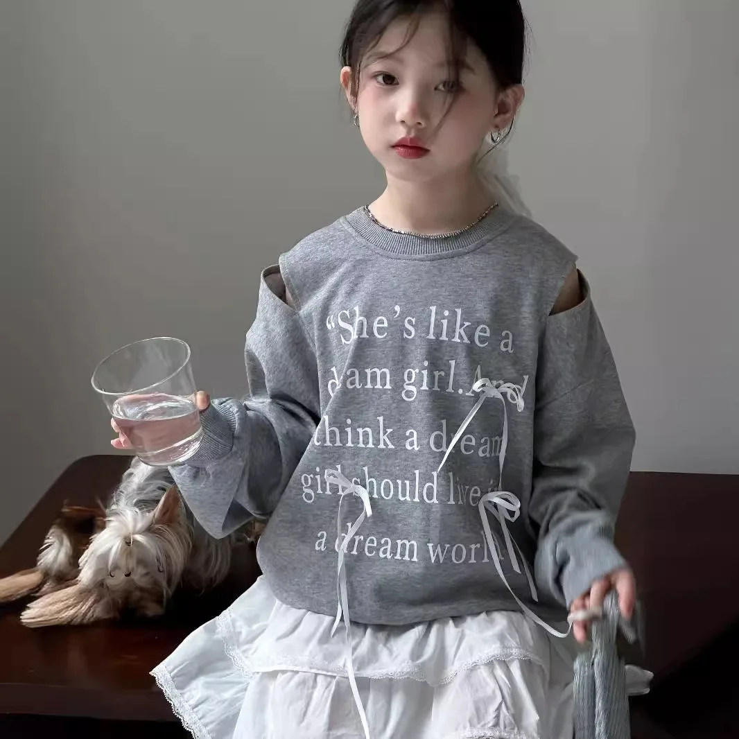 Children's Wear 2024 Autumn Girls' Off Shoulder Bow Letter Printed Hoodie White Cake Skirt Set Sweet Two Piece Set