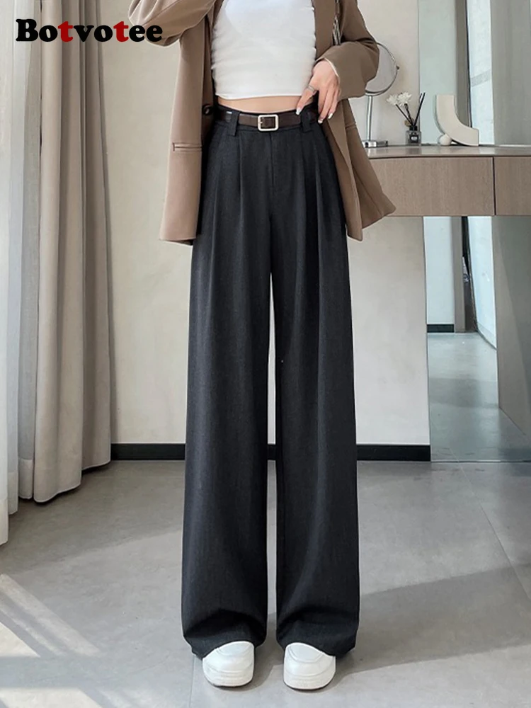 Botvotee Burgundy Suits Pants for Women Office Lady Elegant High Waist Wide Leg Fashion Trousers with Pockets Black Gray