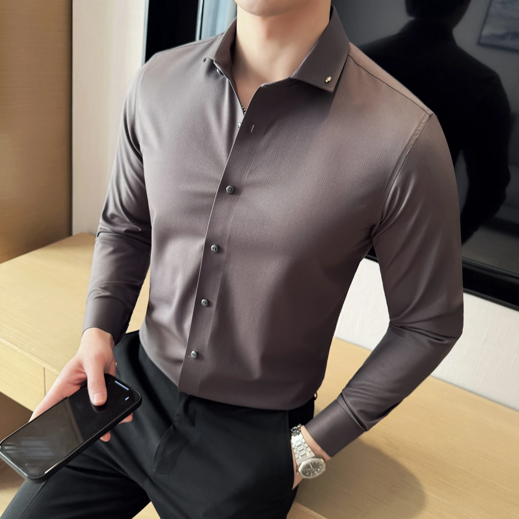 

2025 Autumn Solid Color Men's Shirt Long Sleeve Versatile Casual Business Formal Dress Shirt High Quality Tops Men Clothing