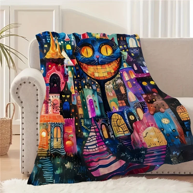 Whimsical Cartoon Cat Cityscape Throw Blanket Cozy Nursery Decor Gift for Kids Room 150x230cm