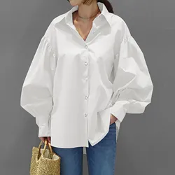 Woman Spring Fall Solid Casual Shirt Loose Lapel Button Up Blouse Korean Fashion Long Lantern Sleeve Clothes Oversize Simple Top