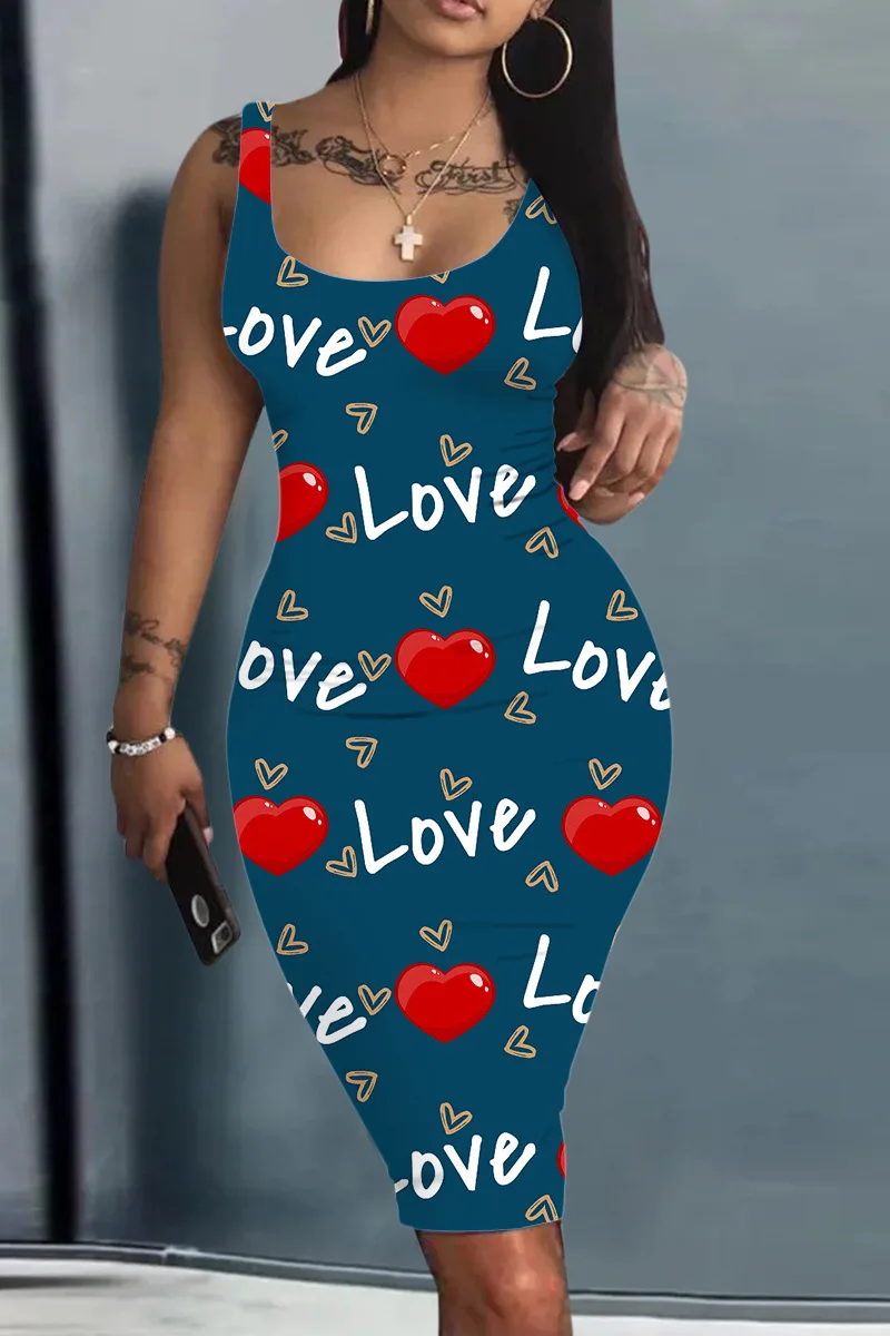Платье Женское Plus Size Summer Women\'s Dress Large Size Contrast Heart Print U-Neck Sleeveless Casual Bodycon Mini Dresses