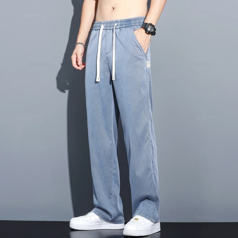 Summer Soft Lyocell Fabric Men\'s Jeans Thin Loose Straight Pants Drawstring Elastic Waist Korea Casual Trousers Plus Size M-5XL