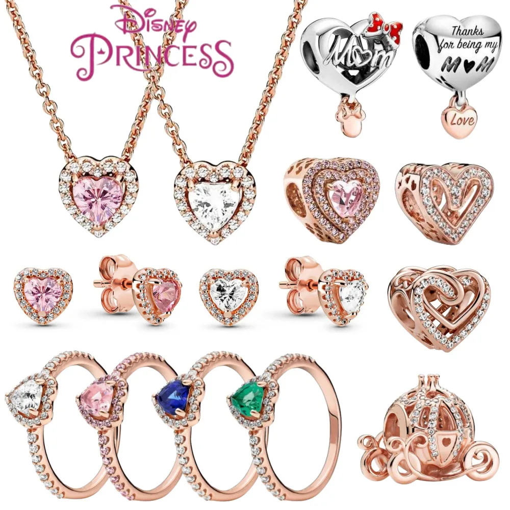 Disney Plated Rose Gold Pink Heart Earrings Necklace Bead Fit Original Pandora Bracelet Charm Women Birthday Diy Gift Jewelry