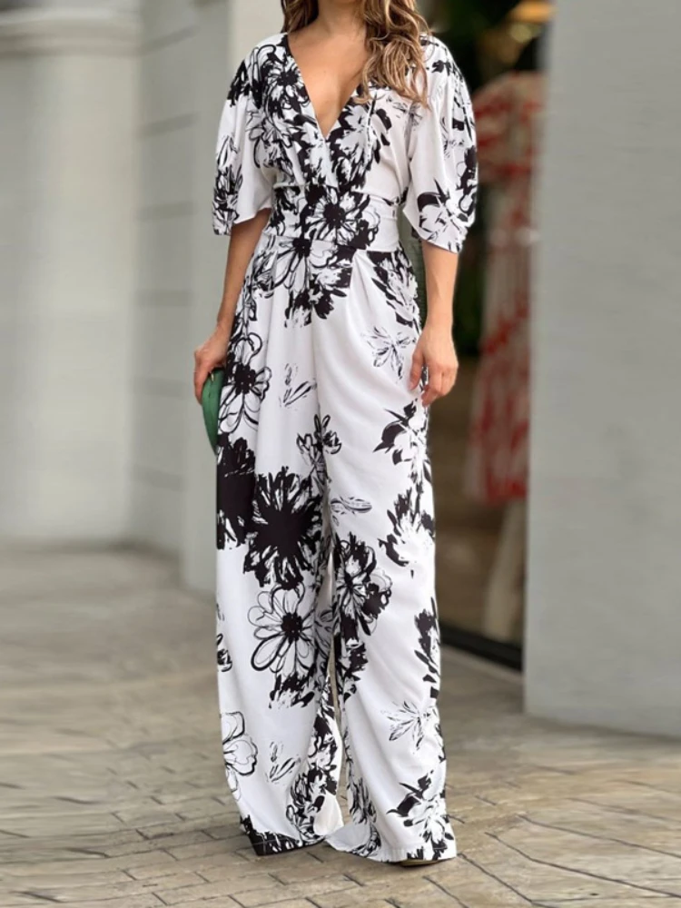 Jumpsuit Motif Elegan Fashion Celana Lebar Pinggang Tinggi Leher-v Lengan Pendek Musim Semi Musim Panas Jumpsuit Liburan Kasual untuk Wanita