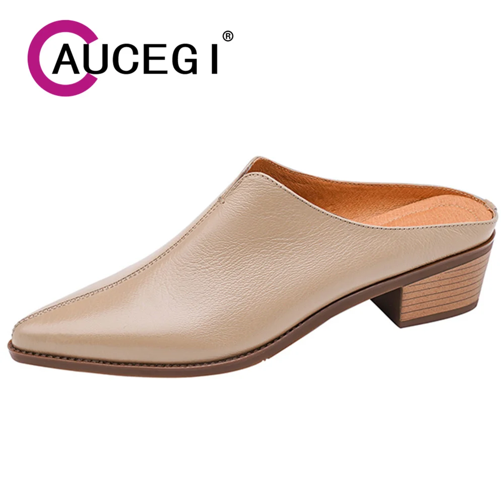 

Aucegi 2024 Delicate Soft Genuine Leather Sandals Woman Pointed Toe Slippers Square Heels Mules Ladies Casual Slides Apricot