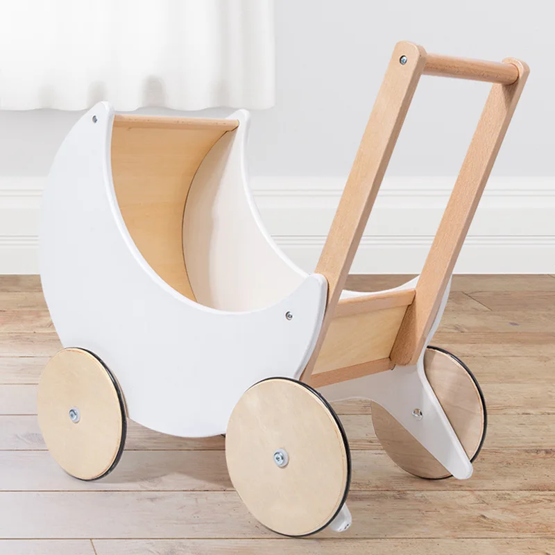 Cochecito de madera nórdico para niños, juguete de Andador de empuje manual, Luna blanca, nuevo