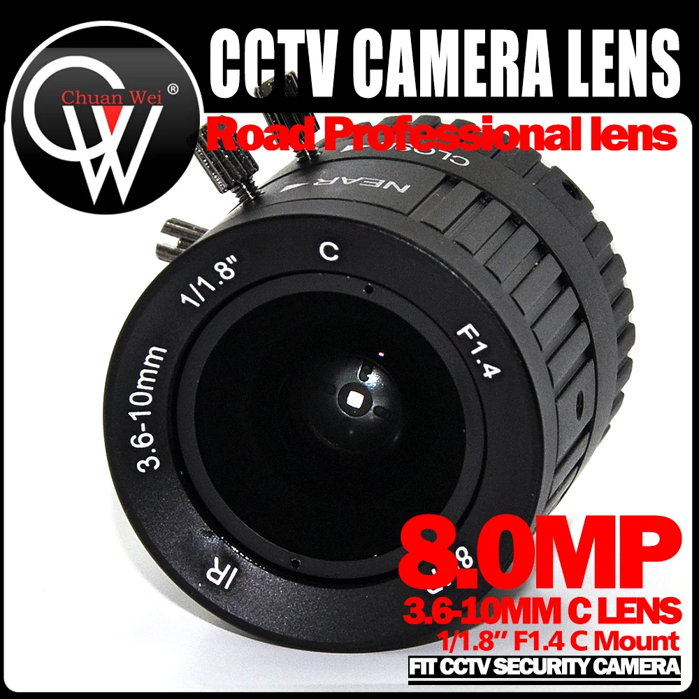 8MP 3.6-10mm C Lens F1.4 C-Mount IR CCTV Industrial Lens 1/1.8' 4X Varifocal Camera Lens for CCTV Security Camera