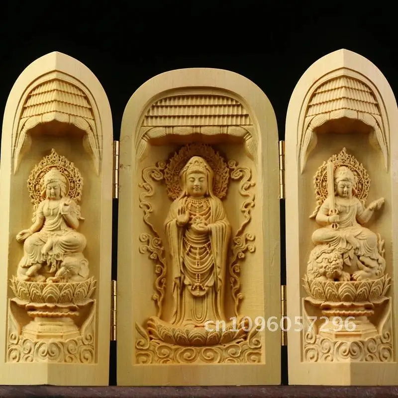 Tibet Buddhism Boxwood Kwan-yin Shakyamuni GuanYin 3 God Statue Folding Box Box Temple Home Statue Ornament Buddha Decor Buddha