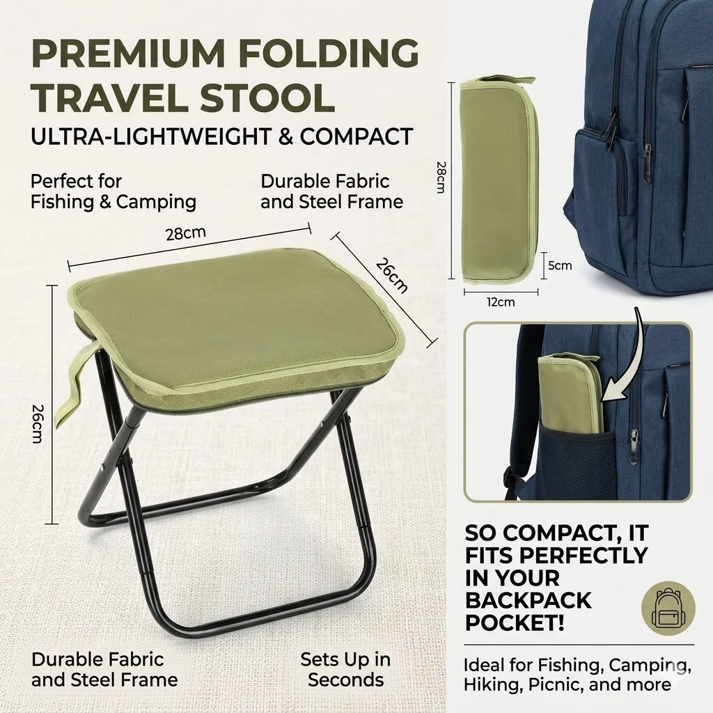 

Foldable Backpack Stool Portable Lightweight Mini Outdoor Chair with Carry Bag for Travel Picnics Camping Hiking Fishing Leisure