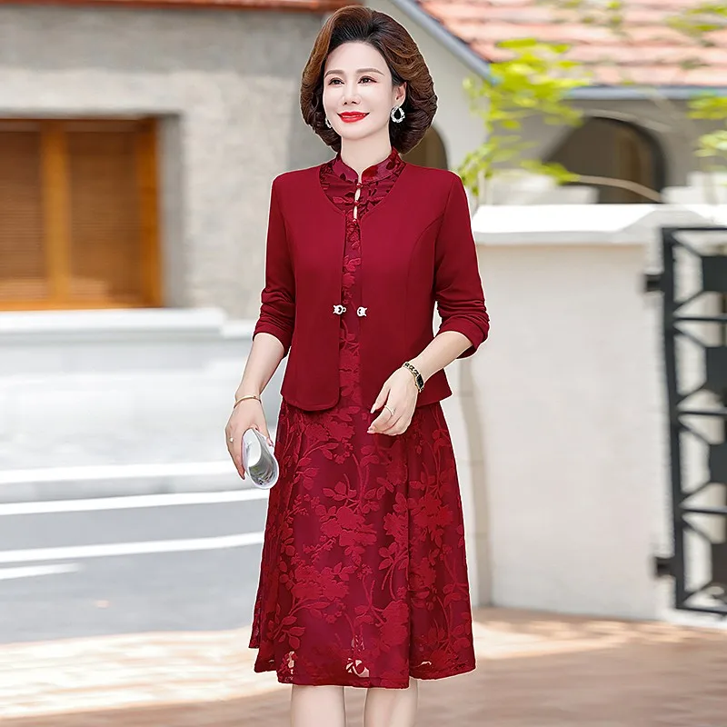 New Fashionable Red Lace Dress 2-piece Set For Middle-aged Women\'s Clothing Long Dress Over Knees For Wedding Banquet