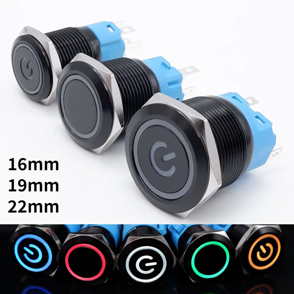 Czarny zatrzaskowy przełącznik przyciskowy 16/19/22mm z diodą LED Wodoodporny podświetlany ON OFF Metalowy chwilowy 5V 12V 220V Czerwony Niebieski