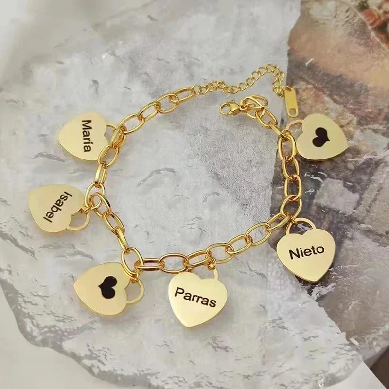 Stainle Heart Charm Bracelet Engraved Pendant- Personalized Hearts Charms with Custom Christmas Jewelry Gifts for Her Mom Friend