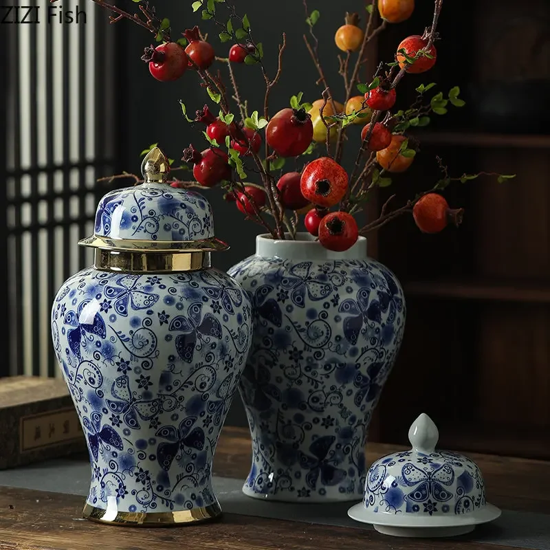 Butterfly Pattern Ginger Jar Tea Canister Candy Pots Blue and White Porcelain Storage Jar Desk Decoration Flower Arrangement