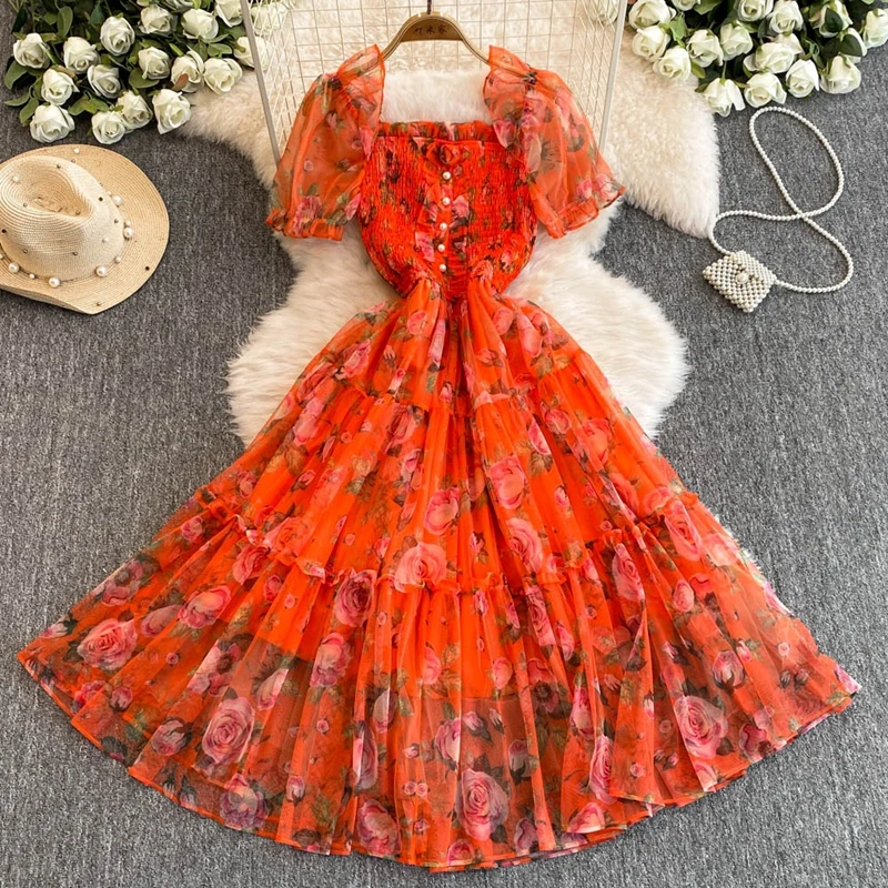 Robe florale à col carré français, nouveau Style rétro, robe d'été douce pour premier amour, robe de pause thé