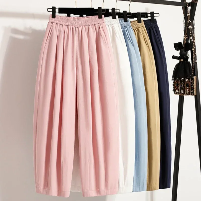 

2025 Women's Plus Size Cropped Pants Summer Solid Color Loose Haren Casual Pants with Pocket Suitable for Chubby Girls