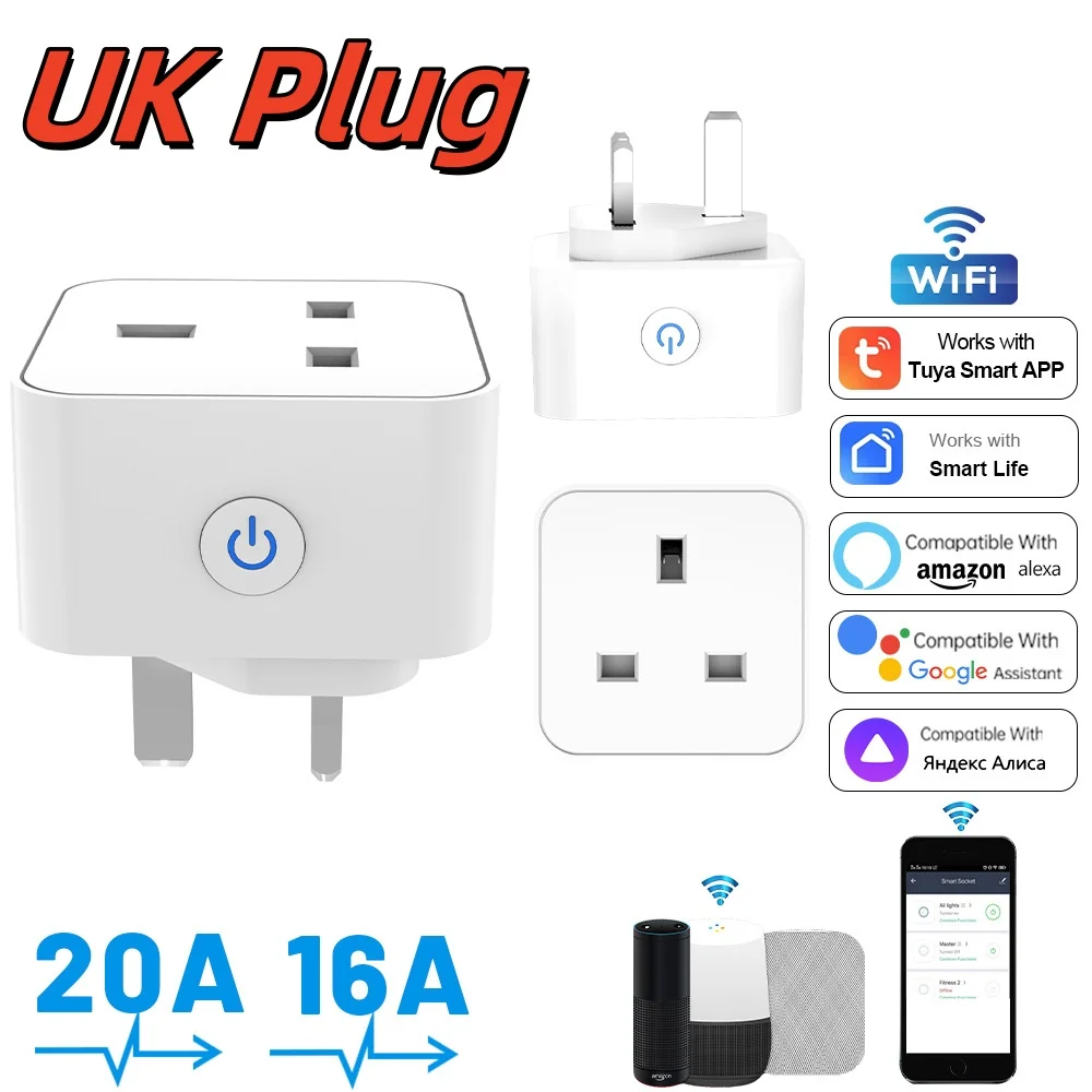 

Tuya Wi-Fi/Zigbee UK Розетка 16/20A Мобильный телефон Дистанционное голосовое управление Умная вилка Переключатель синхронизации Google Assistant Alexa Голосовое управление