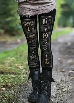Women's Punk Skull Leggings Black Moon Phase Flame Print Stretchy Slim Fit Pants Gothic Dark Skinny Trousers - view 4