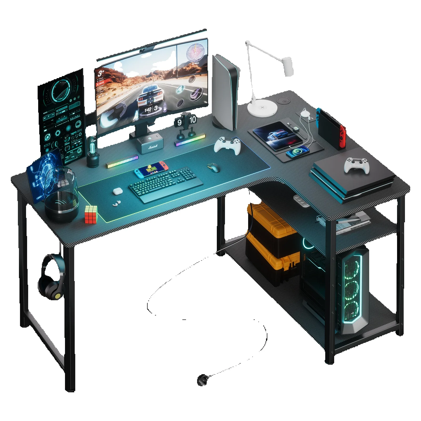 Comhoma Bureau Speeltafel Met Plank, Hoek Bureau Met Usb Oplaadpoort En Stopcontact, 120Cm Computer Tafel L Vorm Pc - afbeelding 2