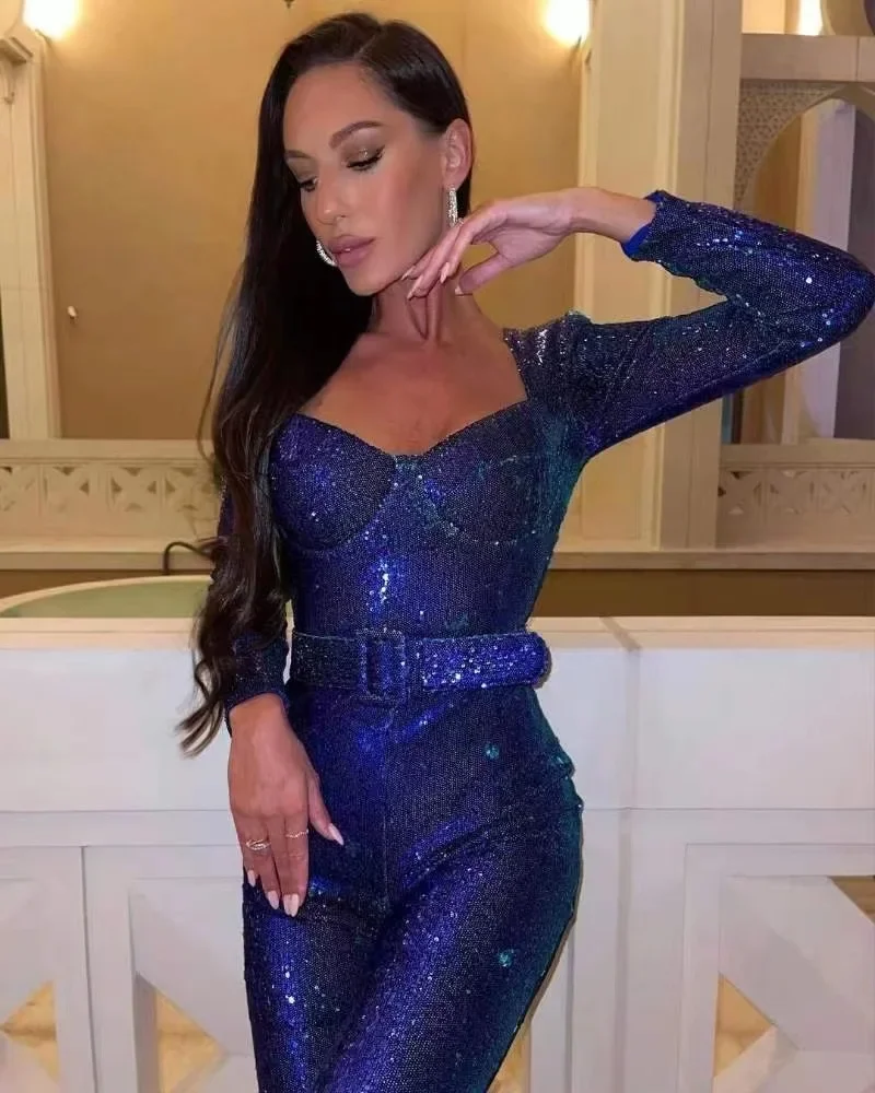 Sexy Evening Dress Long Sleeve Belt Mopping Jumpsuit Sequined Fashion Suit Dresses for Women