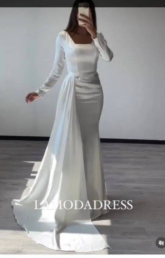 

Verngo Long Sleeves Matte Satin Wedding Dresses Square Neck Detachable Train Bridal Gowns Simple Vintage Robe de mariage