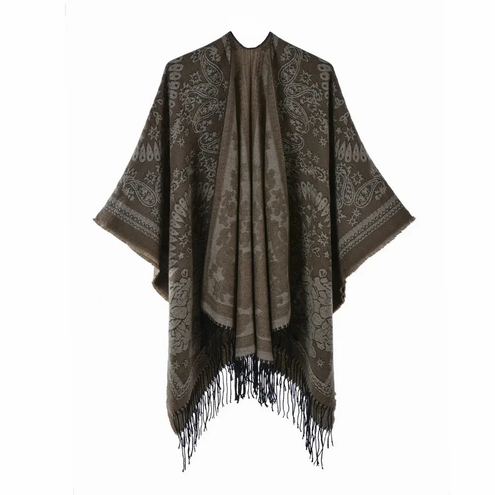 Autumn Winter Split Knitted Shawl Tassel Double Sided Split Women Imitation Cashmere Poncho Lady Capes Khaki Cloaks