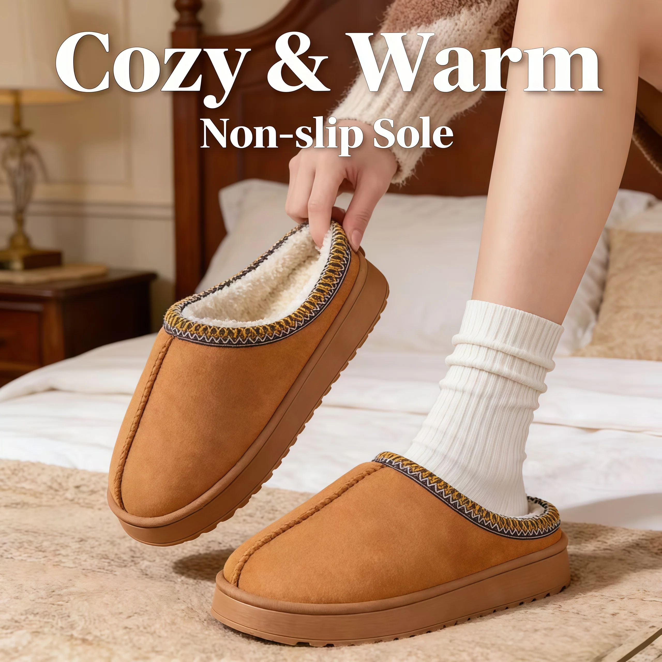 

Women's plush wool lined slippers, winter warm home shoes, thick EVA soles, comfortable indoor/outdoor non slip slippers