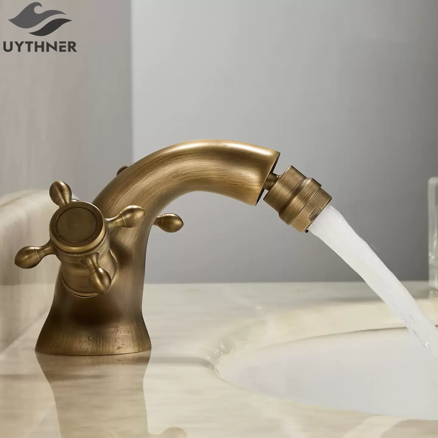 

Antique Brass Bidet Faucet Two Cross Handles Bathroom Sink Tap Brass Single Hole Deck Mounted Bidet Water Mixer Tap