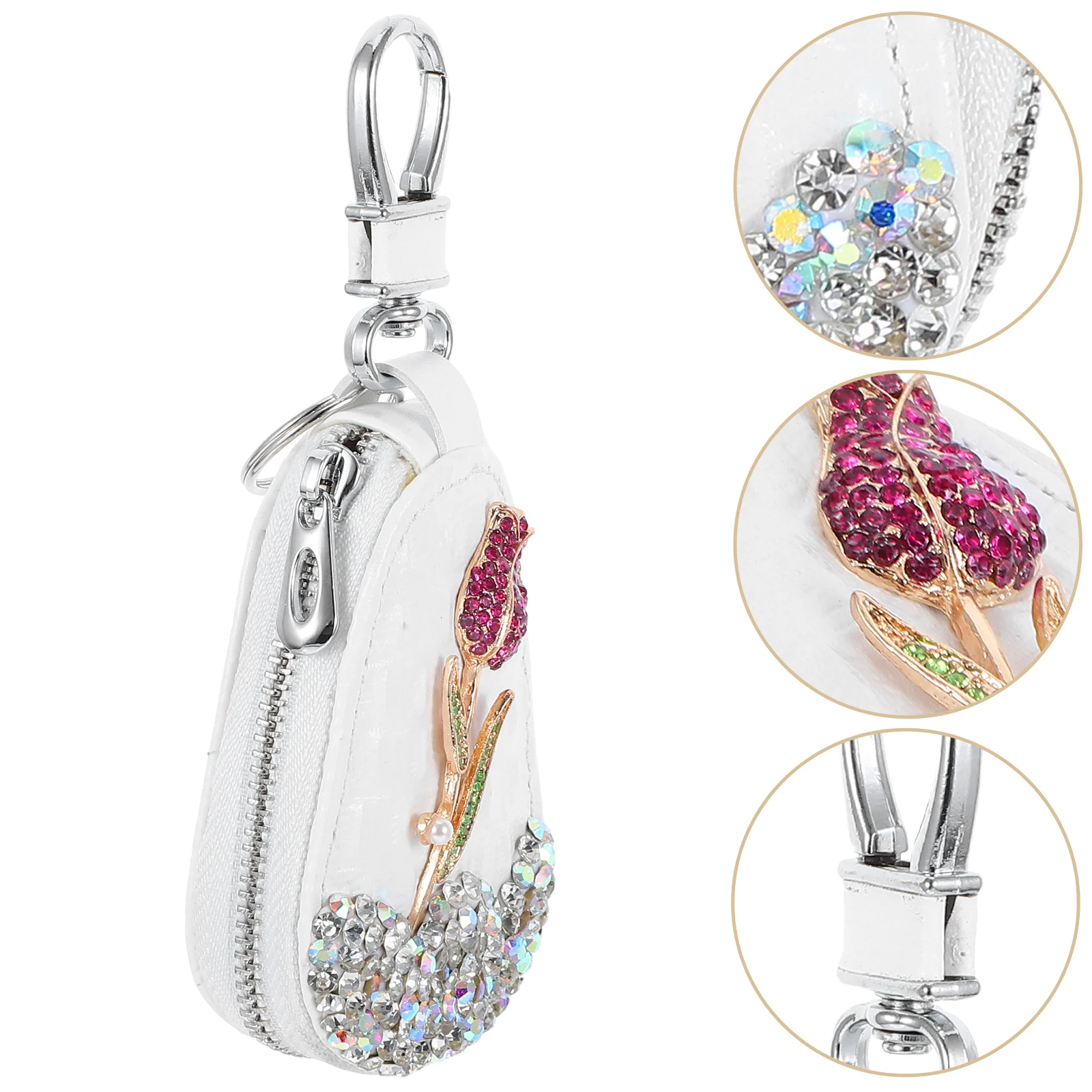 

Rhinestone Diamond Key Fob Holder Pu Rose Design Keychain Pouch Key Protector Cover Bling Car Keys Storage Bag Durable