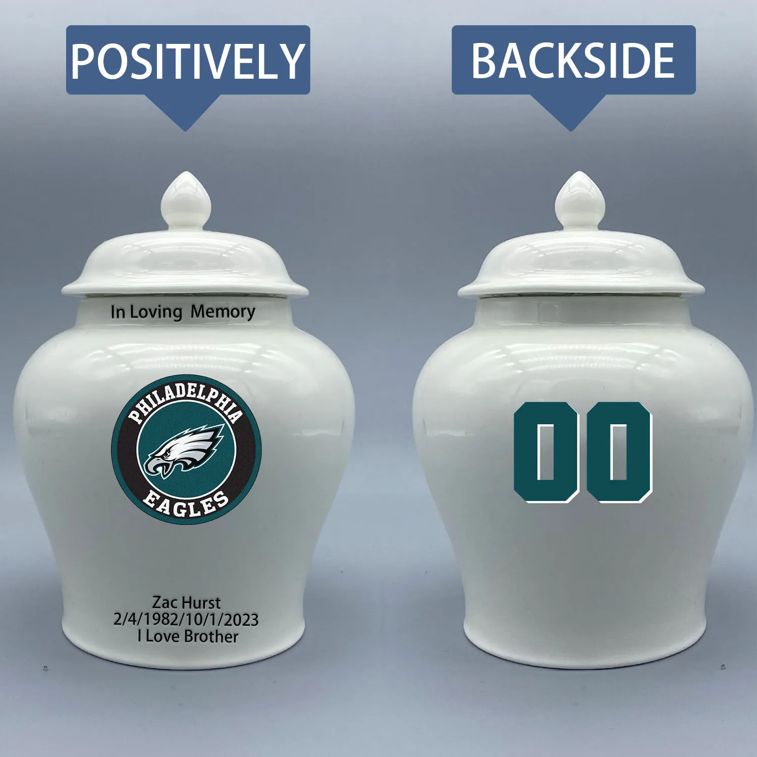 

Medium Urn for Philadelphia Eagles-themed Logo Urn.Please send me the customize information-name/date and number on the urn