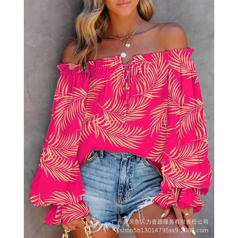 Women\'s Sexy Loose Print Pleated Blouse 2024 New Blouse Top Women\'s Fashion Flared Sleeves Off Shoulder Slash Neck Shirt