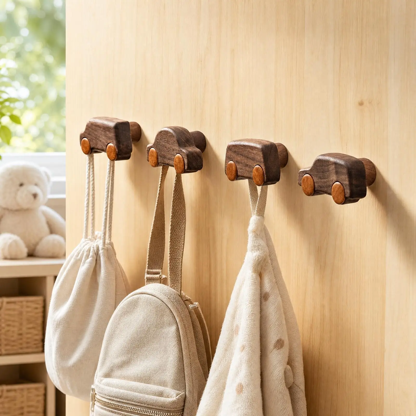 Wooden Kids Car Hook with Wheel Pegs for Hanging Jackets Scarves Bags in Bedroom Entryway