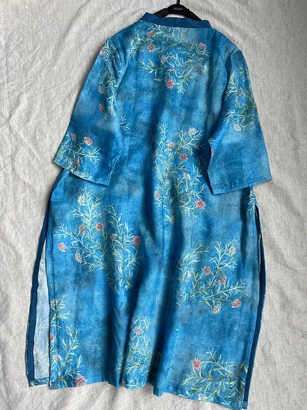 New Chinese Sle Retro Print Five-Quarter Sve irt Women's Summer National Sle Oblique Collar Buttoned Zen Tea Clothing