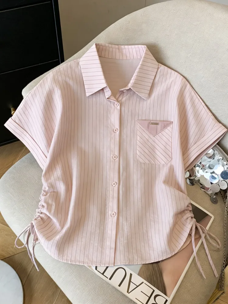 

Summer Collar Striped Short Sleeve Chiffon Shirt Women's Drawstring Design Sweet Short Style Small Top Korean Style