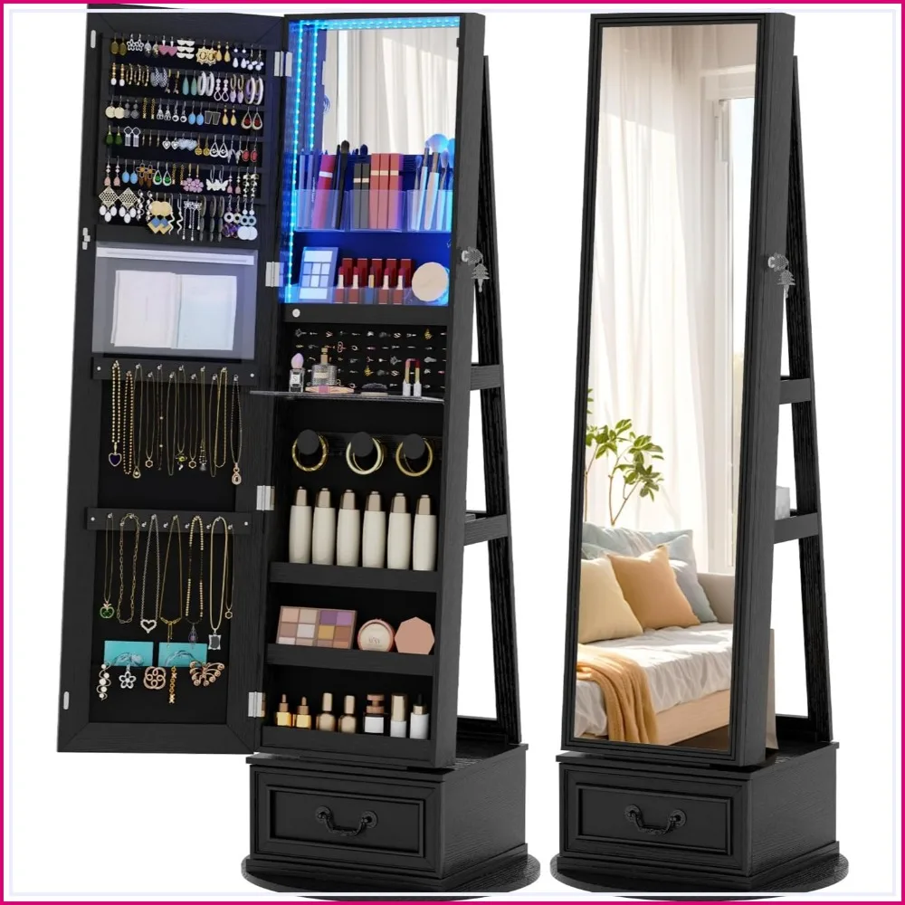 Vlsrka Mirror Jewelry Cabinet Standing with Lights, Lockable Swivel Black