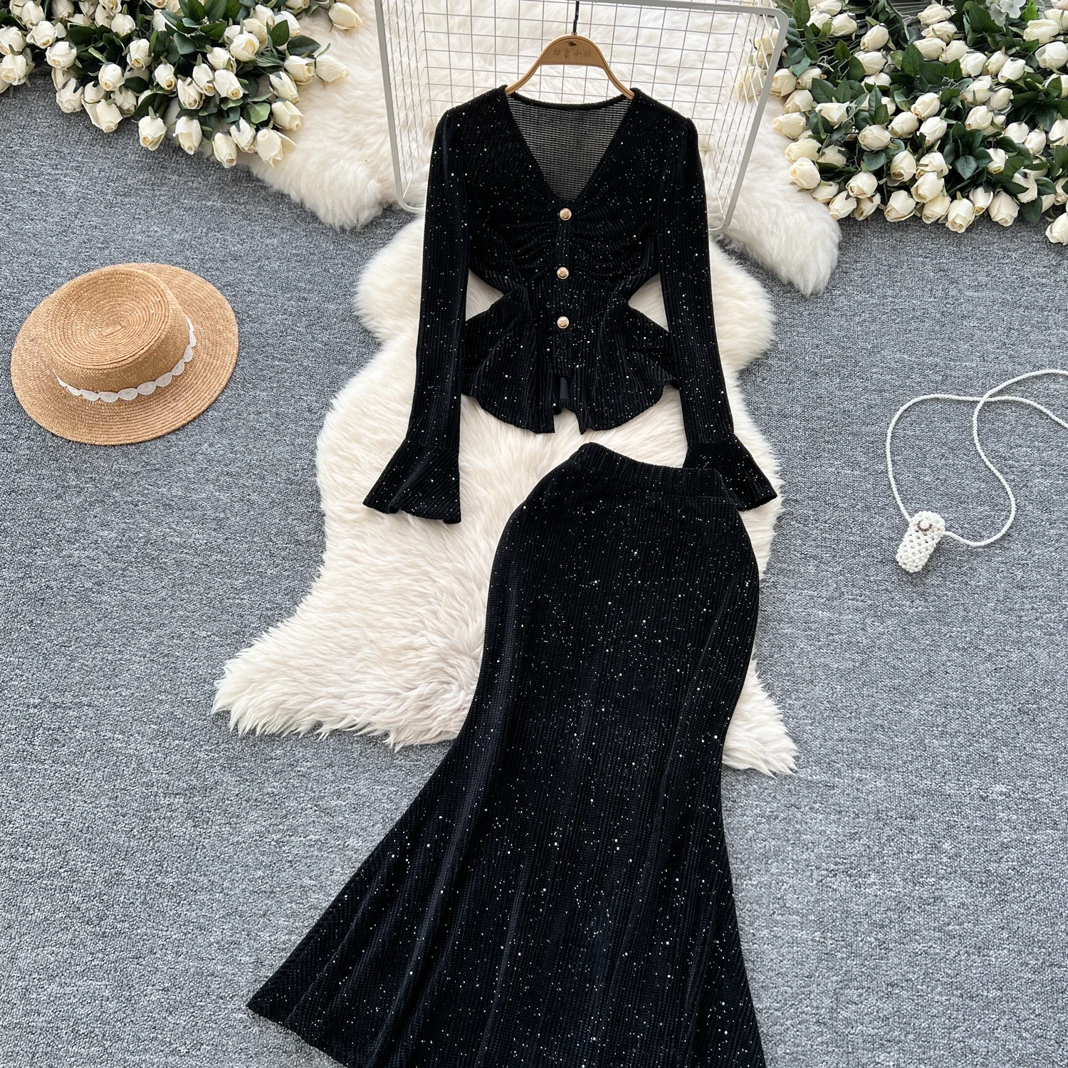 Chic Sequins Women Two-Piece Sets V-neck Metal Buckle Flare Sleeve Top Slim High Waist Mermaid Skirt French High Street Clothing