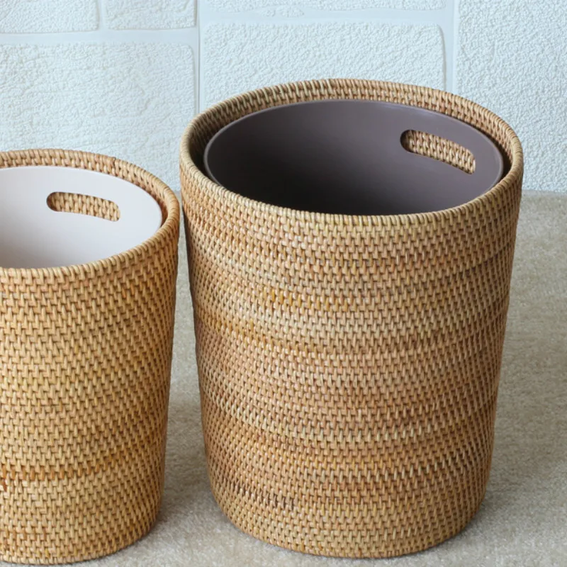 Rattan Storage Bucket Trash Can Desktop Waste Paper Bucket Flower Pot Japanese Style Home Round Rattan Trash Can Storage Basket