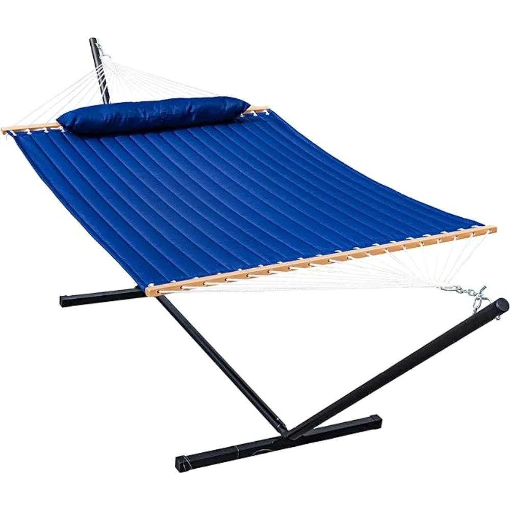 

Quilted fabric hammock with 12 foot stand, double person hammock with pillow,suitable for garden and backyard,450 pound capacity