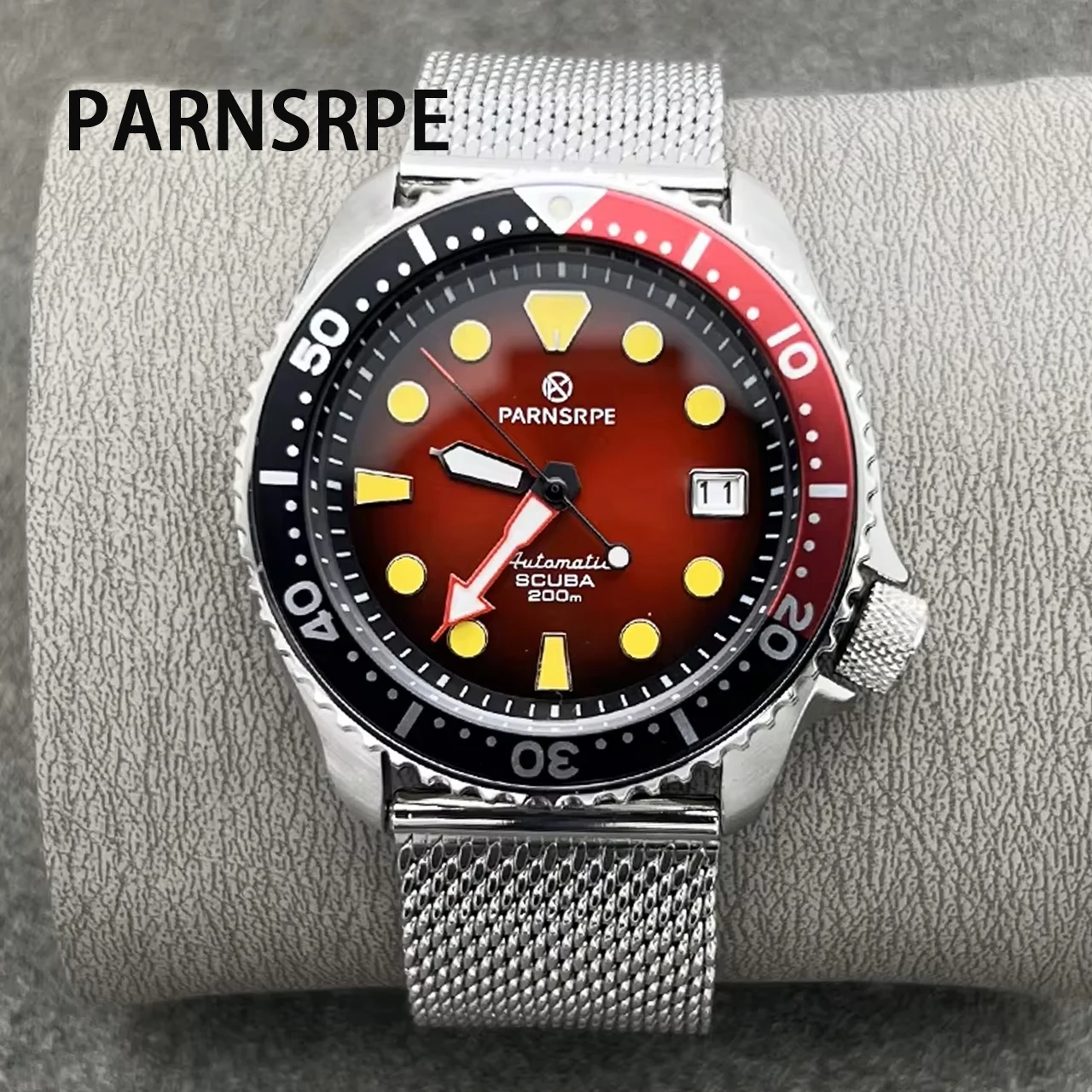 PARNSRPE Men's watches Red Sunburst Dial NH35 Automatic Diver Mechanical Watch with Date Window red watches for men