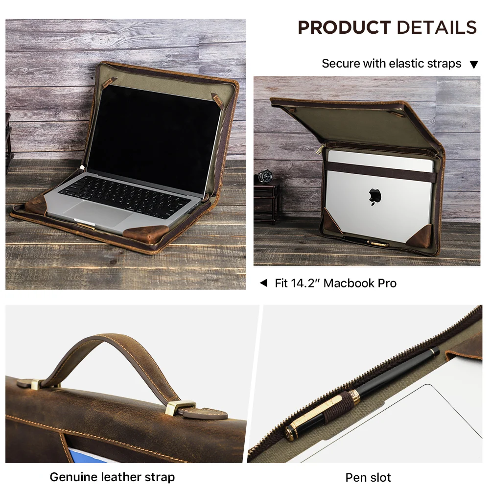 Imagem -05 - Retro Crazy Horse Leather Laptop Sleeve Bolsa para Homens Pasta para Macbook Pro Air 13 Macbook Pro 14 Pro 16 Polegada Case